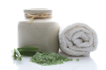 Image showing bath salt and aloe vera