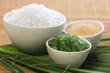 Image showing bath salt and palm leaf