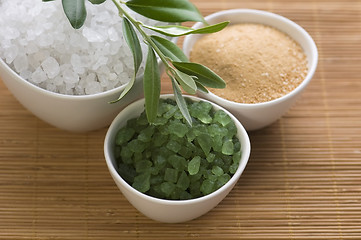 Image showing fresh olive branch and bath salt. spa