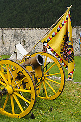 Image showing Yellow cannon and flag