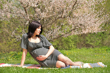 Image showing pregnant woman takes solar baths