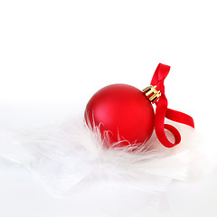 Image showing  Red Bauble on Feathers