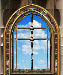 Image showing gothic or scifi window with blue sky