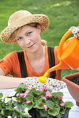 Image showing Young woman watering flowers