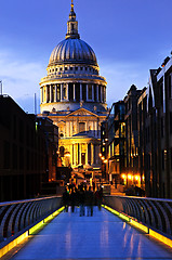 Image showing St. Paul's Cathedral  from Millennium Bridge in London at night