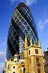 Image showing Gherkin building and church of St. Andrew Undershaft in London