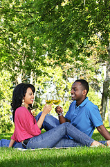 Image showing Happy couple having wine in park