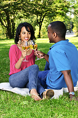 Image showing Happy couple having wine in park