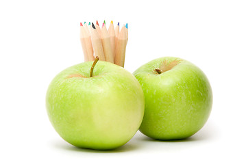 Image showing Ripe apples fruit and color pencils 