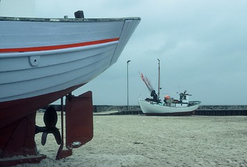 Image showing Danish fishingboat with red stripe