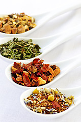 Image showing Assorted herbal wellness dry tea in spoons