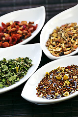 Image showing Assorted herbal wellness dry tea in bowls
