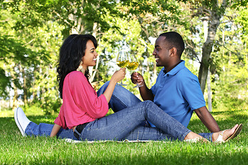 Image showing Happy couple having wine in park