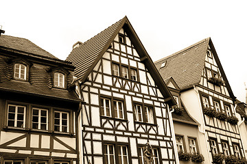 Image showing Sepia toned half-timbered houses in Mainz