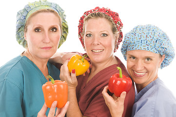 Image showing group of nurses with healthy fruits and vegetables