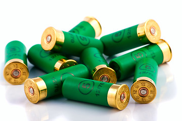 Image showing Heap of hunting cartridges for shotgun 12 caliber