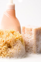 Image showing soap, natural sponge and shower gel