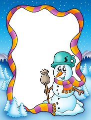 Image showing Winter frame with snowman and trees