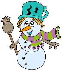 Image showing Cute snowman with scarf and broom