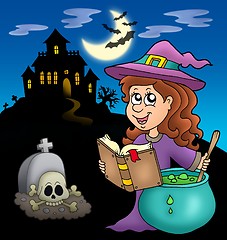 Image showing Cute witch with potion and mansion