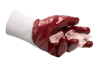 Image showing Red glove hold blocks of ice