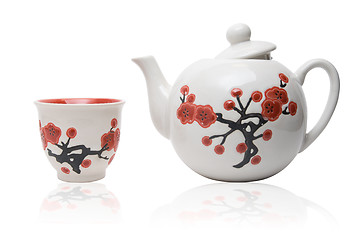 Image showing Tea-things in asian style with flowers