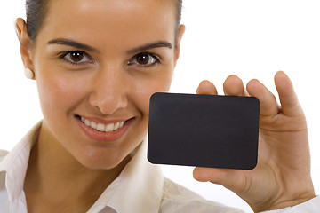 Image showing woman with big smile displaying blank business card