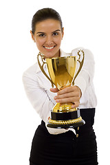 Image showing businesswoman winning a gold trophy