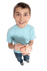 Image showing Happy boy with money box