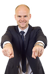 Image showing businessman in suit and tie pointing the fingers