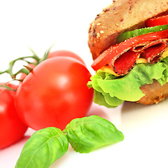 Image showing Fresh sandwich with salami cheese and vegetables