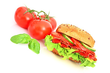 Image showing Fresh sandwich with salami cheese and vegetables