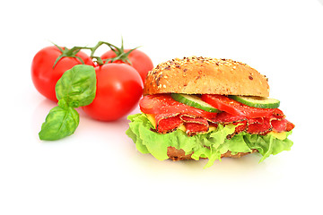 Image showing Fresh sandwich with salami cheese and vegetables