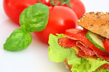 Image showing Fresh sandwich with salami cheese and vegetables