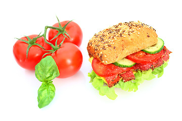 Image showing Fresh sandwich with salami cheese and vegetables