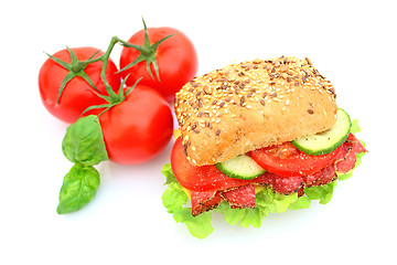 Image showing Fresh sandwich with salami cheese and vegetables