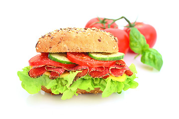 Image showing Fresh sandwich with salami cheese and vegetables