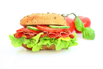 Image showing Fresh sandwich with salami cheese and vegetables