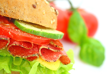 Image showing Fresh sandwich with salami cheese and vegetables