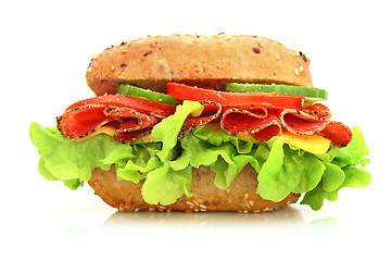 Image showing Fresh sandwich with salami cheese and vegetables