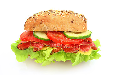 Image showing Fresh sandwich with salami cheese and vegetables