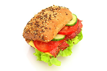 Image showing Fresh sandwich with salami cheese and vegetables