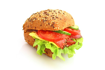 Image showing Fresh sandwich with salami cheese and vegetables