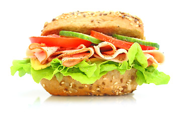 Image showing Fresh sandwich with ham and cheese and vegetables