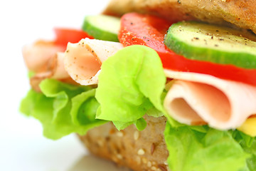 Image showing Fresh sandwich with ham and cheese and vegetables