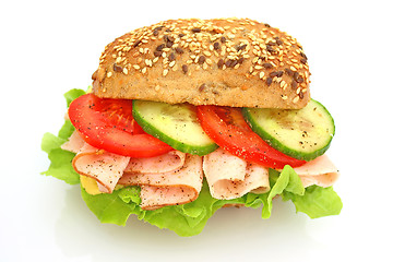 Image showing Fresh sandwich with ham and cheese and vegetables