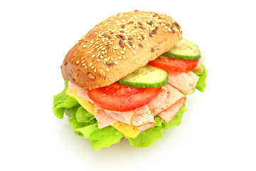 Image showing Fresh sandwich with ham and cheese and vegetables