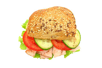 Image showing Fresh sandwich with ham and cheese and vegetables