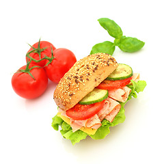 Image showing Fresh sandwich with ham and cheese and vegetables