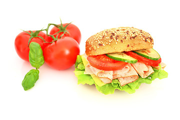 Image showing Fresh sandwich with ham and cheese and vegetables